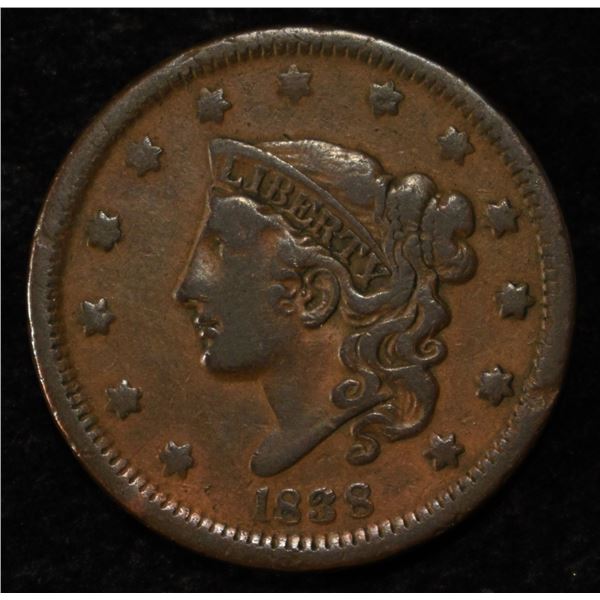 1838 CORONET HEAD LARGE CENT VF/EF