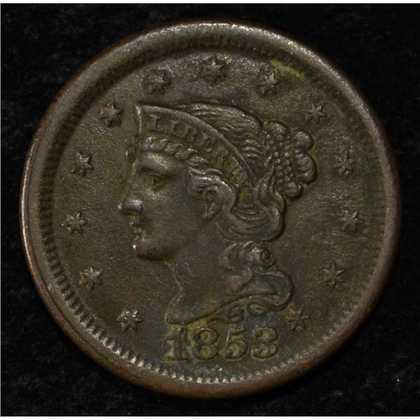 1853 BRAIDED HAIR LARGE CENT XF/AU