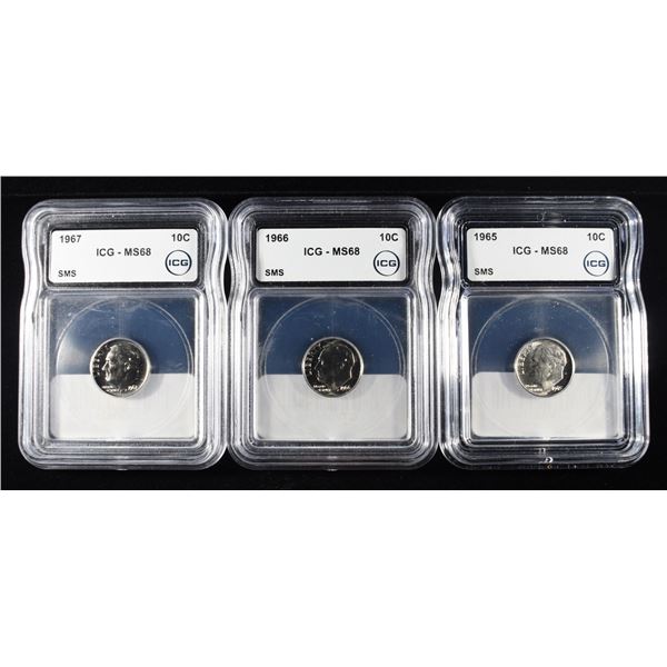 1967, 66 & 65 ROOSEVELT DIMES ICA MS68 SMS