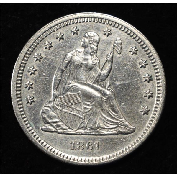 1861 SEATED LIBERTY QUARTER CH AU