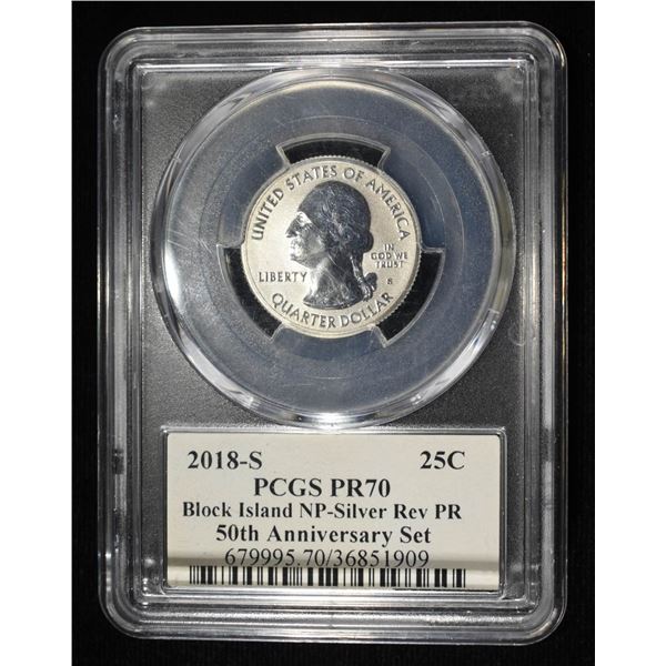 2018-S 25C BLOCK ISLAND NP SILVER PCGS REV PR70