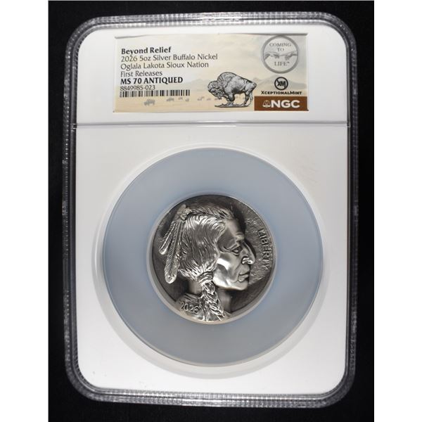 2026 5 OZ SILVER BUFFALO BEYOND RELIEF NGC MS-70