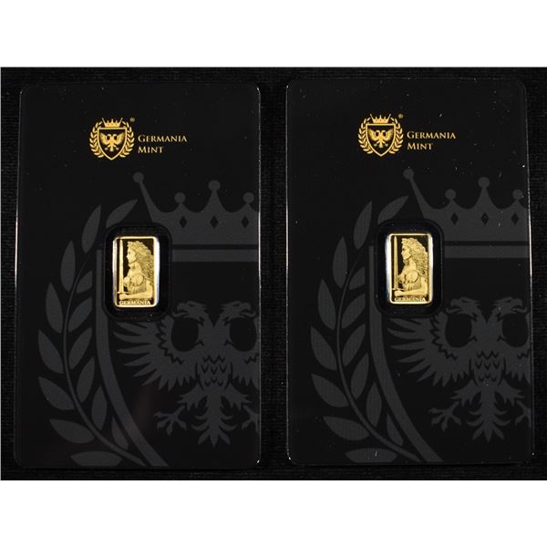 (2) GERMANIA MINT 1/200TH .9999 GOLD BARS PROOF