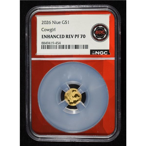 2026 $1 NIUE GOLD COWGIRL NGC ENHANCED REV PF70