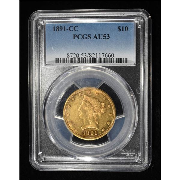 1891-CC $10 GOLD LIBERTY PCGS AU-53