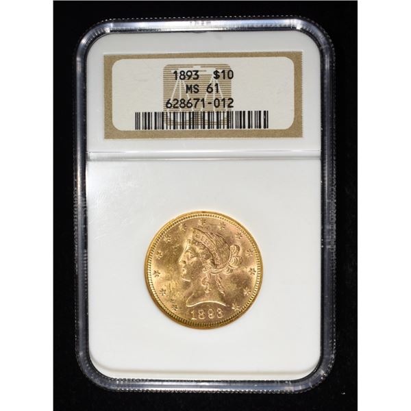 1893 $10 GOLD LIBERTY NGC MS-61
