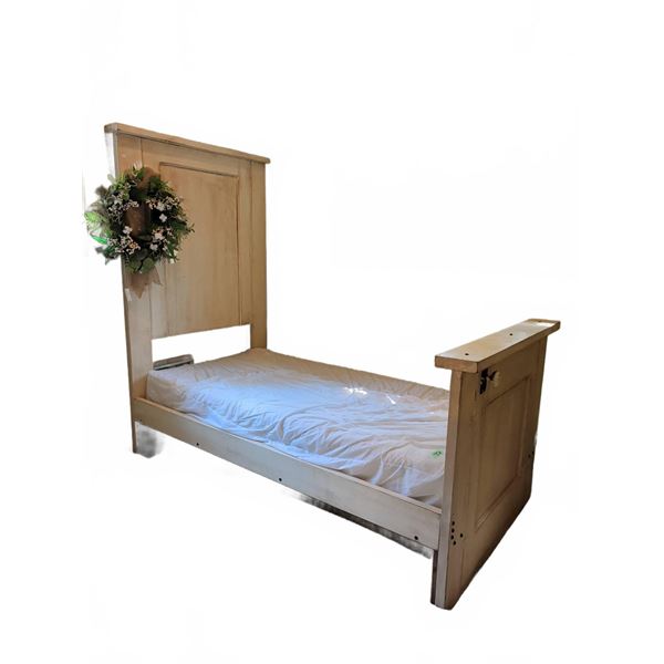 Distressed White Wooden Twin Bed With Door Headboard