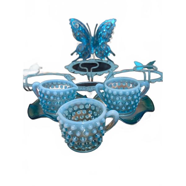Blue Hobnail Glass Sugar and Creamer Set with Wall Plaques