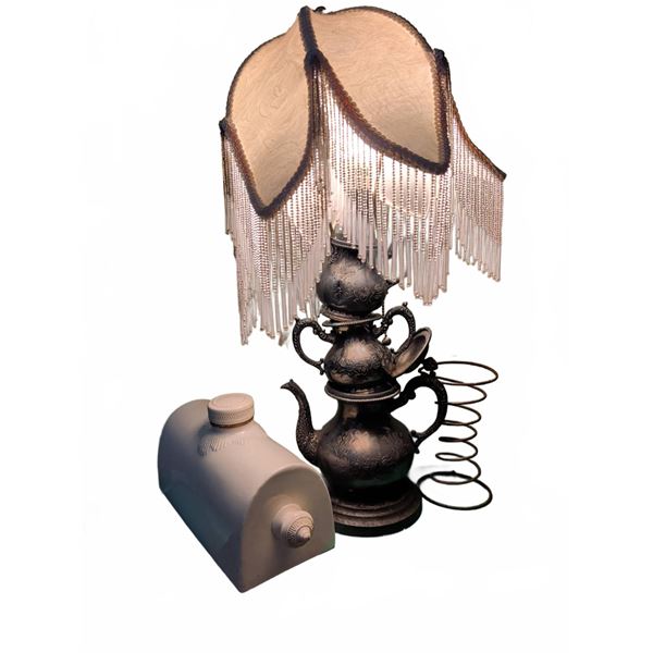 Table Lamp with Metal Teapot Base and Beaded Fabric Shade, Plus Ceramic Bed Warmer and Metal Spring