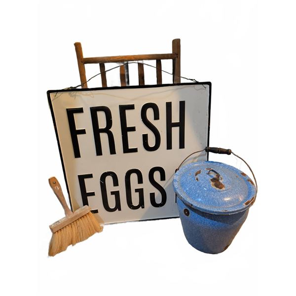 Lot: Fresh Eggs Sign, Brush, Blue Bucket, Lamp Base, Rack