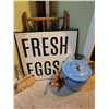 Image 2 : Lot: Fresh Eggs Sign, Brush, Blue Bucket, Lamp Base, Rack