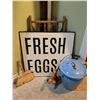 Image 3 : Lot: Fresh Eggs Sign, Brush, Blue Bucket, Lamp Base, Rack