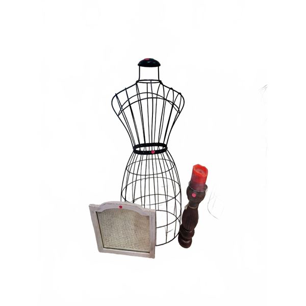Wire Dress Form, Wood Candle Holder, Small Mirror Lot