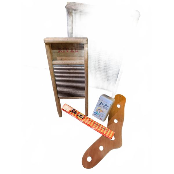 2 Wooden Washboards, Nellie's Oxygen Brightener, and Paddle