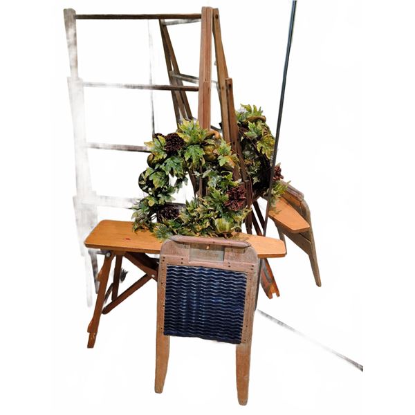 Antique Laundry Essentials - Washboard, Wreath, Racks, Decor
