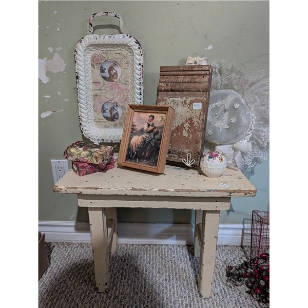 Decorative Table Lot With Print, Tray, Soap, and Accessories