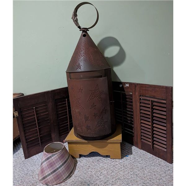 Tin Star Punch Primitive Lamp With Shutters and Shade
