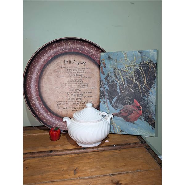 Antique Soup Tureen Decorative Charger Plate, Cardinal Canvas Art