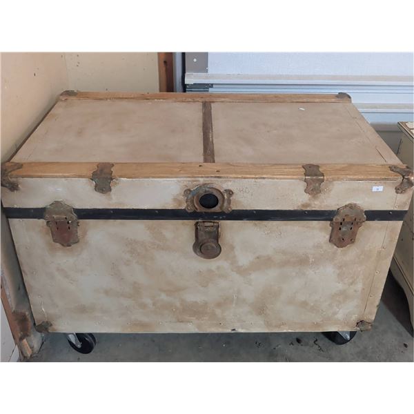 Antique Wood Metal Steamer Trunk on Casters