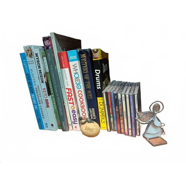 Cookbooks, Drums For Dummies, CDs, Decor Angel, and Love Stone
