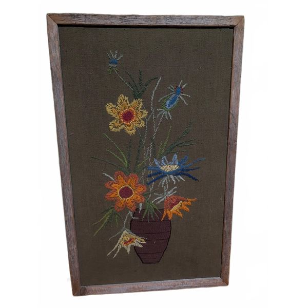 Handmade Framed Floral Embroidery Art, 32" Tall