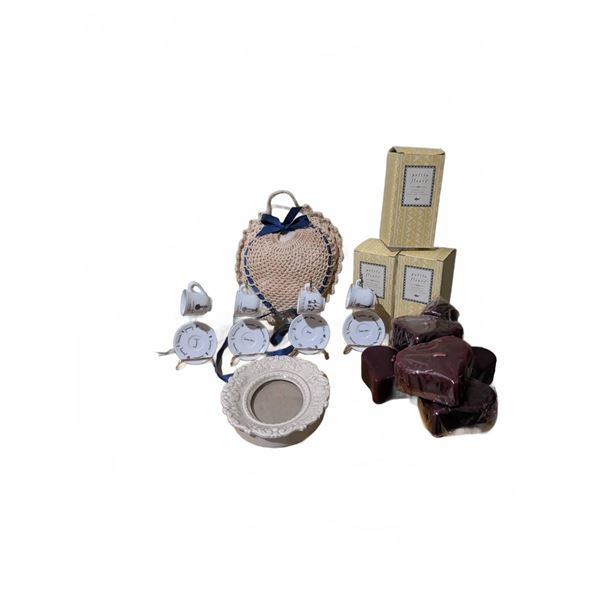 Decorative Tabletop Lot with Candles, Frames, Racks, and Cups