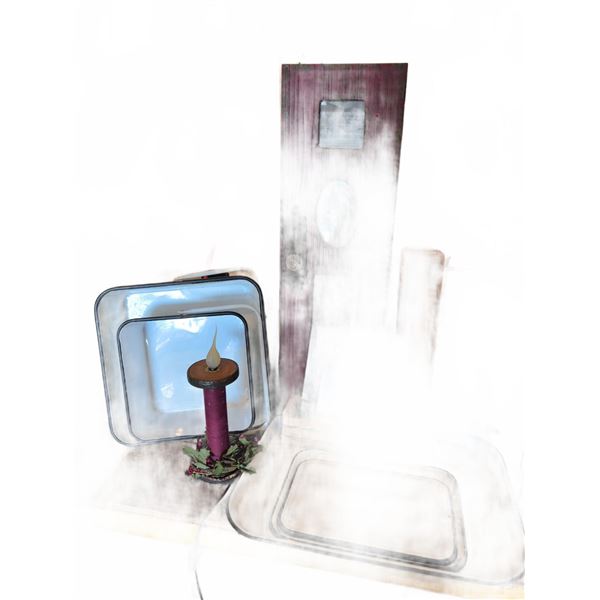 Enamelware Trays, Wood Crates, Framed Art and Candle
