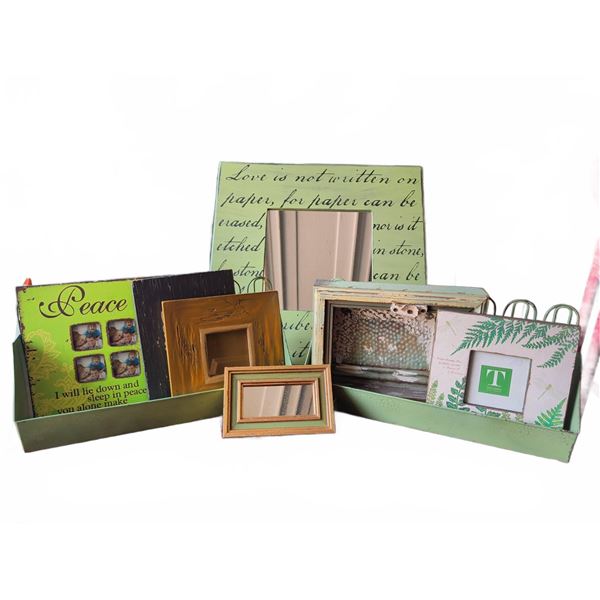 Decorative Frames and Wall Art with Green Metal Displays Rack