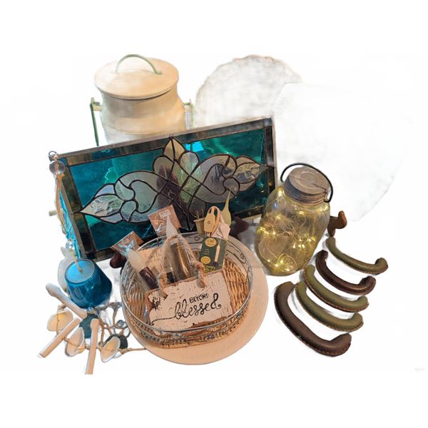 Home Decor Assortment With Stained Glass, Plates, Jar Lights