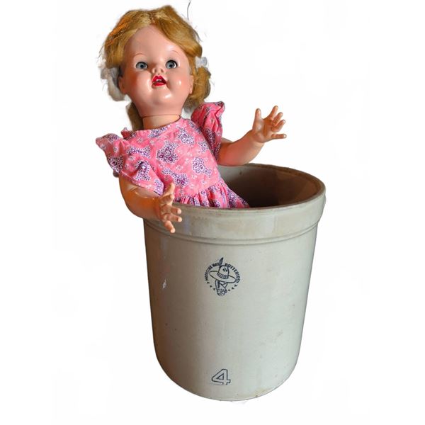Medicine Hat Potteries 4 Gallon Stoneware Crock and Vintage Doll