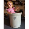 Image 2 : Medicine Hat Potteries 4 Gallon Stoneware Crock and Vintage Doll