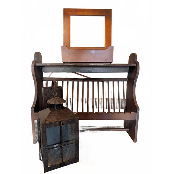 Wood Plate Rack, Wall Mirror, and Metal Lantern