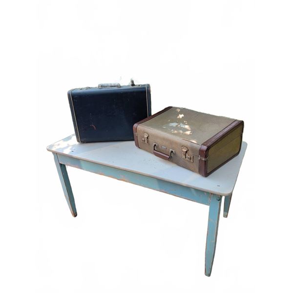 2 Vintage Suitcases and Blue Rectangular Table