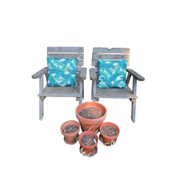 Wooden Outdoor Chairs with Cushions and Four Terra Cotta Pots