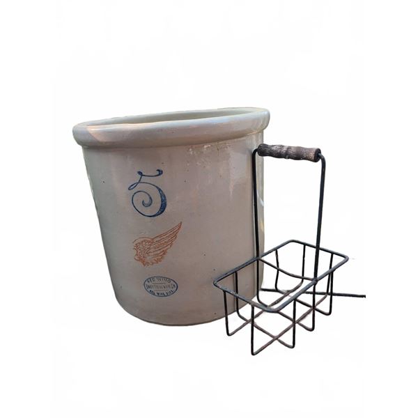 Red Wing Stoneware 5 Gallon Crock and Wire Bottle Carrier
