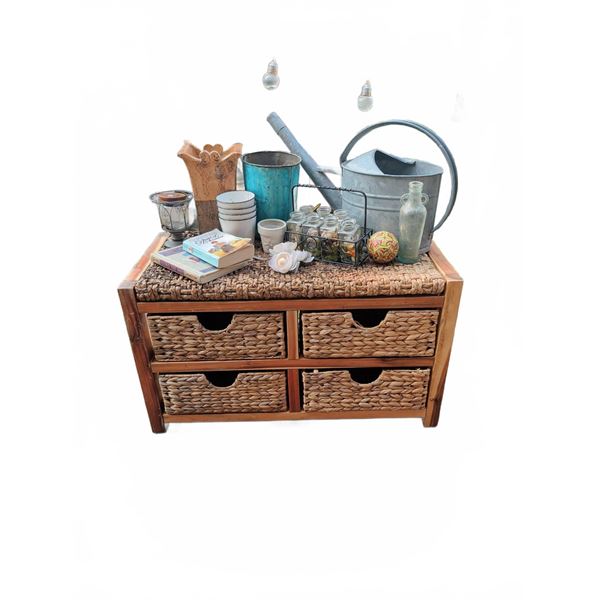 Rustic Wicker Drawer Cabinet With Garden Decor and Books