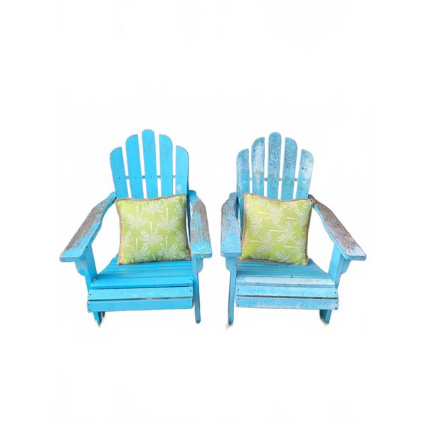 Blue Wooden Adirondack Chairs with Green Cushions