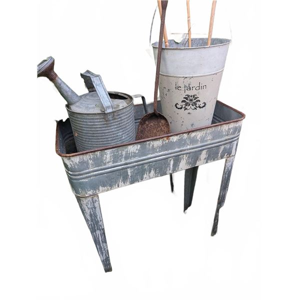 Galvanized Metal Washstand With Watering Can, Pail, and Rustic Shovel