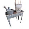 Image 1 : Galvanized Metal Washstand With Watering Can, Pail, and Rustic Shovel