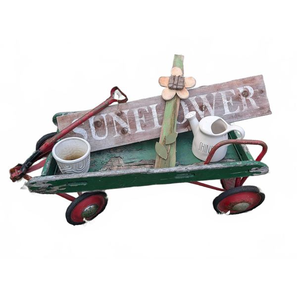 Garden Decor Lot With Wooden Wagon, Watering Can, Planter, And Sign