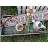 Image 7 : Garden Decor Lot With Wooden Wagon, Watering Can, Planter, And Sign