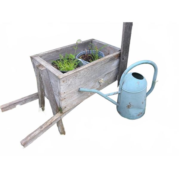 Wooden Wheelbarrow Planter With Metal Owl Garden Decor