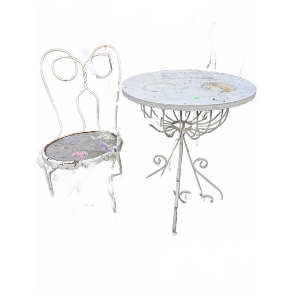Antique Twisted White Metal Garden Bistro Table and Chair