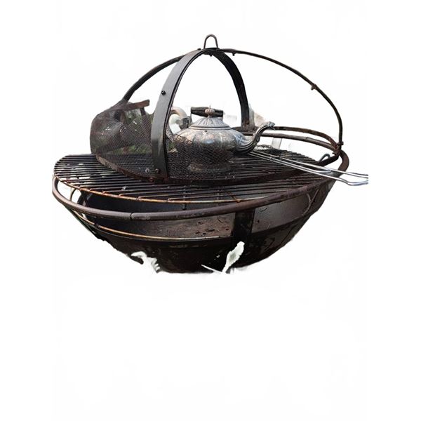 Metal Fire Pit With Grill, Teapot, and Graniteware Basin Lot