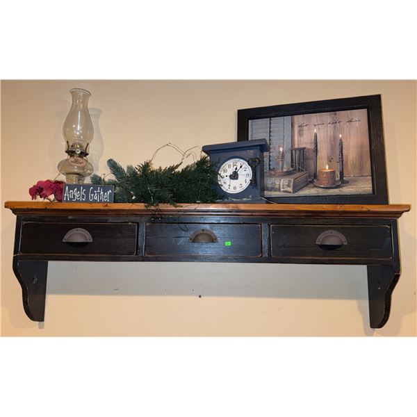 Wall-Mounted Wood Shelf with Three Drawers and Assorted Decor