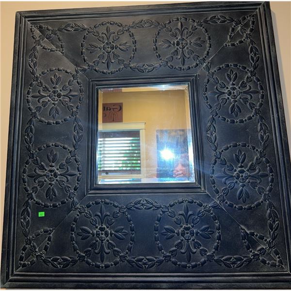 Square Wall Mirror with Embossed Black Metal Frame