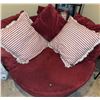 Image 1 : Round Upholstered Swivel Chair with Red Fabric and Accent Pillows