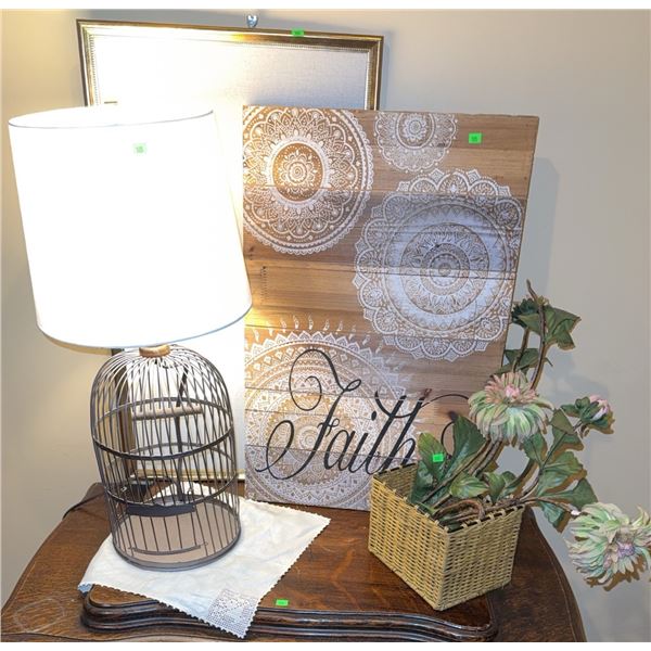 Decor Lot: Birdcage Table Lamp, Faith Wall Art, Faux Floral Arrangement