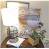Image 1 : Decor Lot: Birdcage Table Lamp, Faith Wall Art, Faux Floral Arrangement