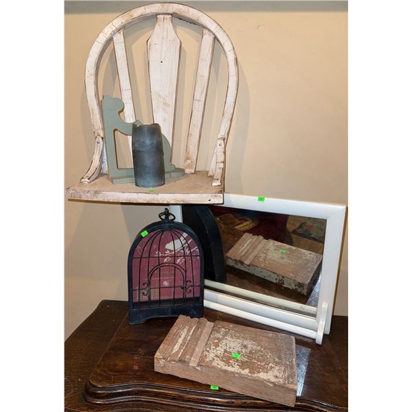 Decor Lot: Chair Shelf, Mirror, Faux Book, Birdcage, Candle